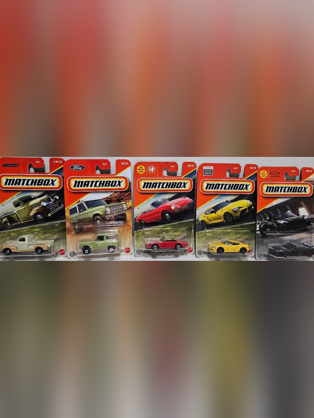 Matchbox 5 Car Lot Toyota Supra Corvette Ford Bronco Alfa Romeo Dodge New